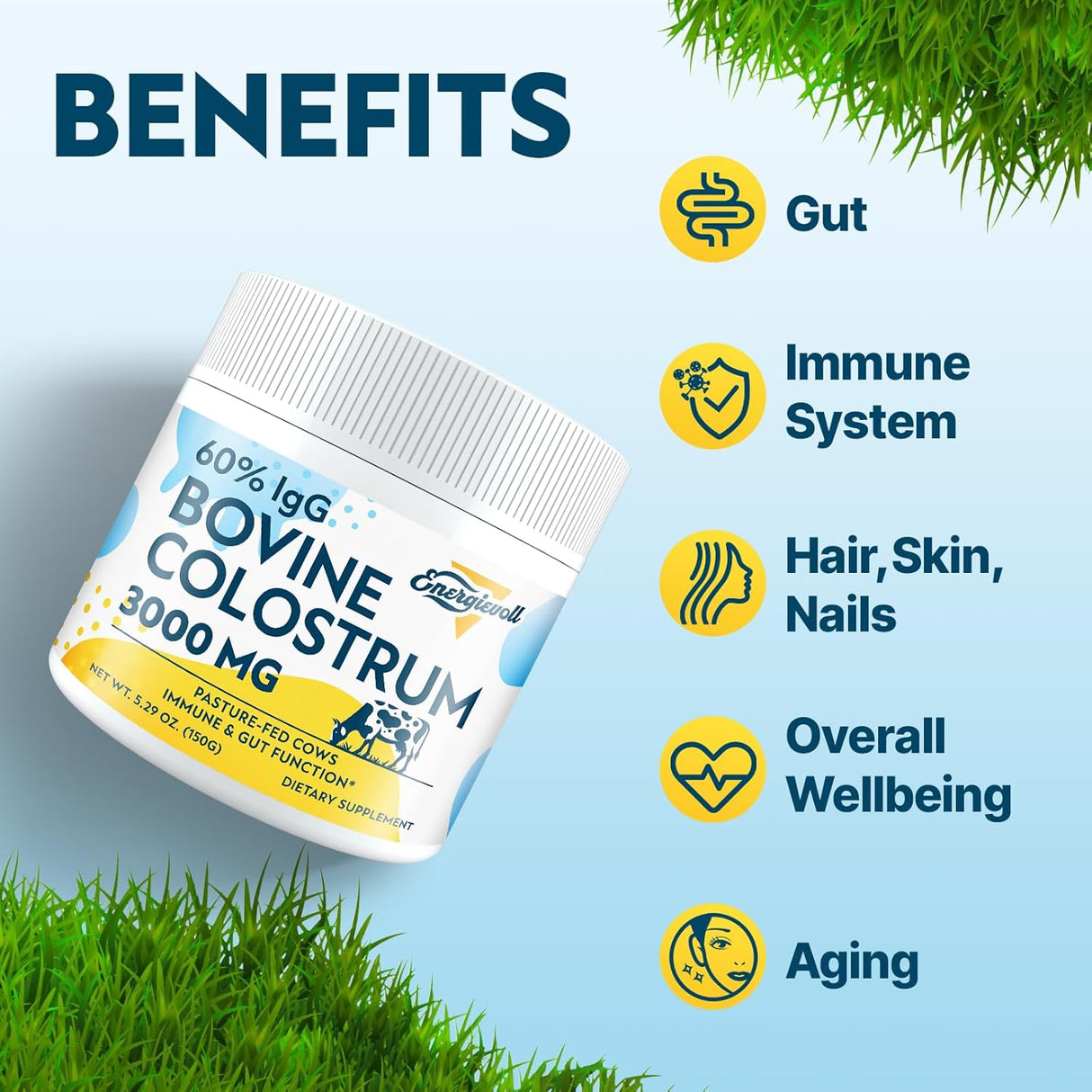 Suplemento de Colostro Bovino 3000 mg 60% IgG, 50 Porciones