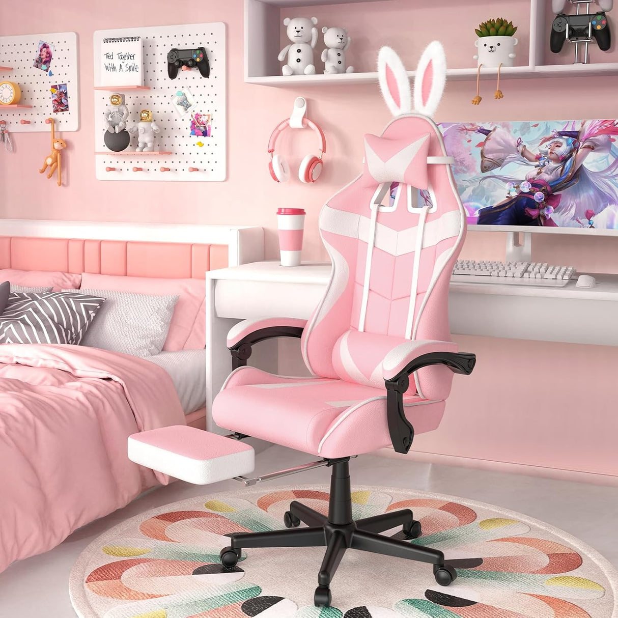 Silla Gamer con Reposapiés y Diseño de Conejito, Modelo Pink