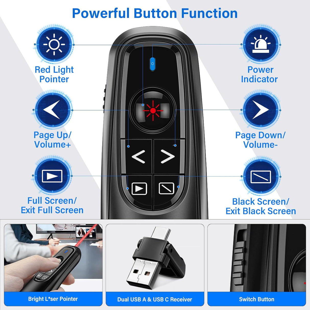 Presentador Inalámbrico USB Tipo C, Control de Volumen, 2 en 1