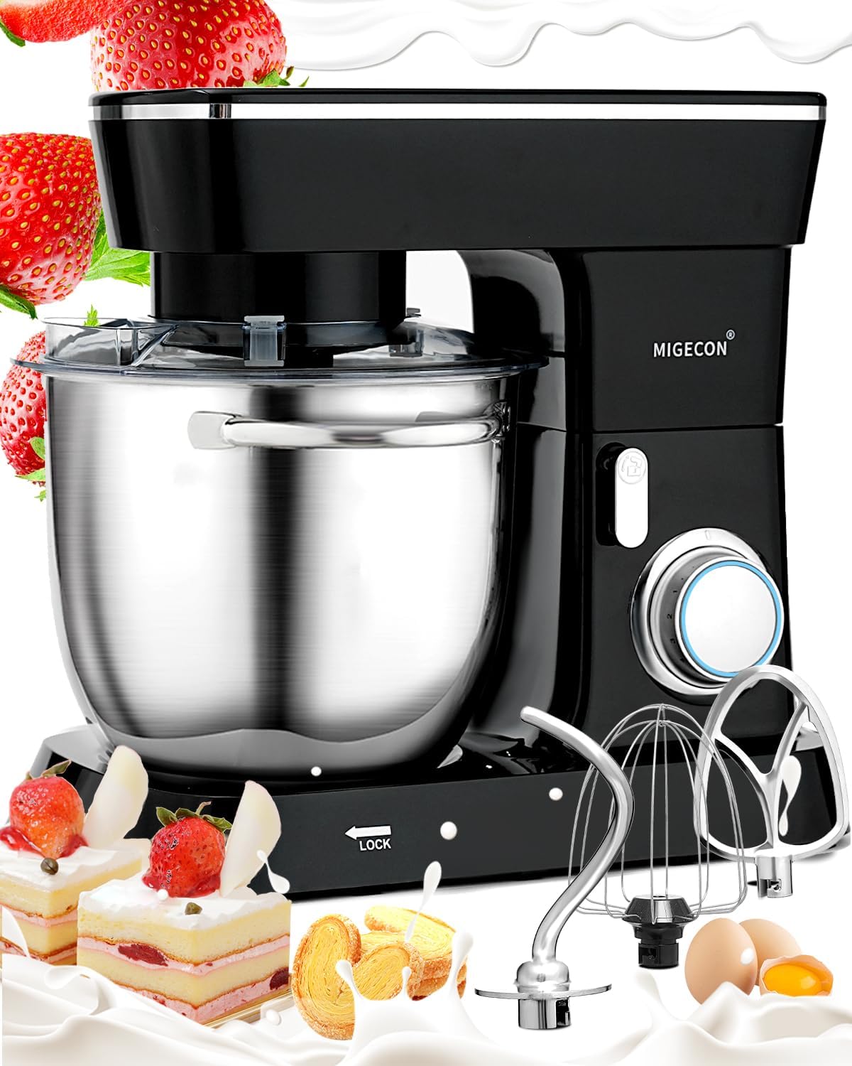 Batidora de pie MIGECON, 5.26 QT, 10 velocidades, acero inoxidable