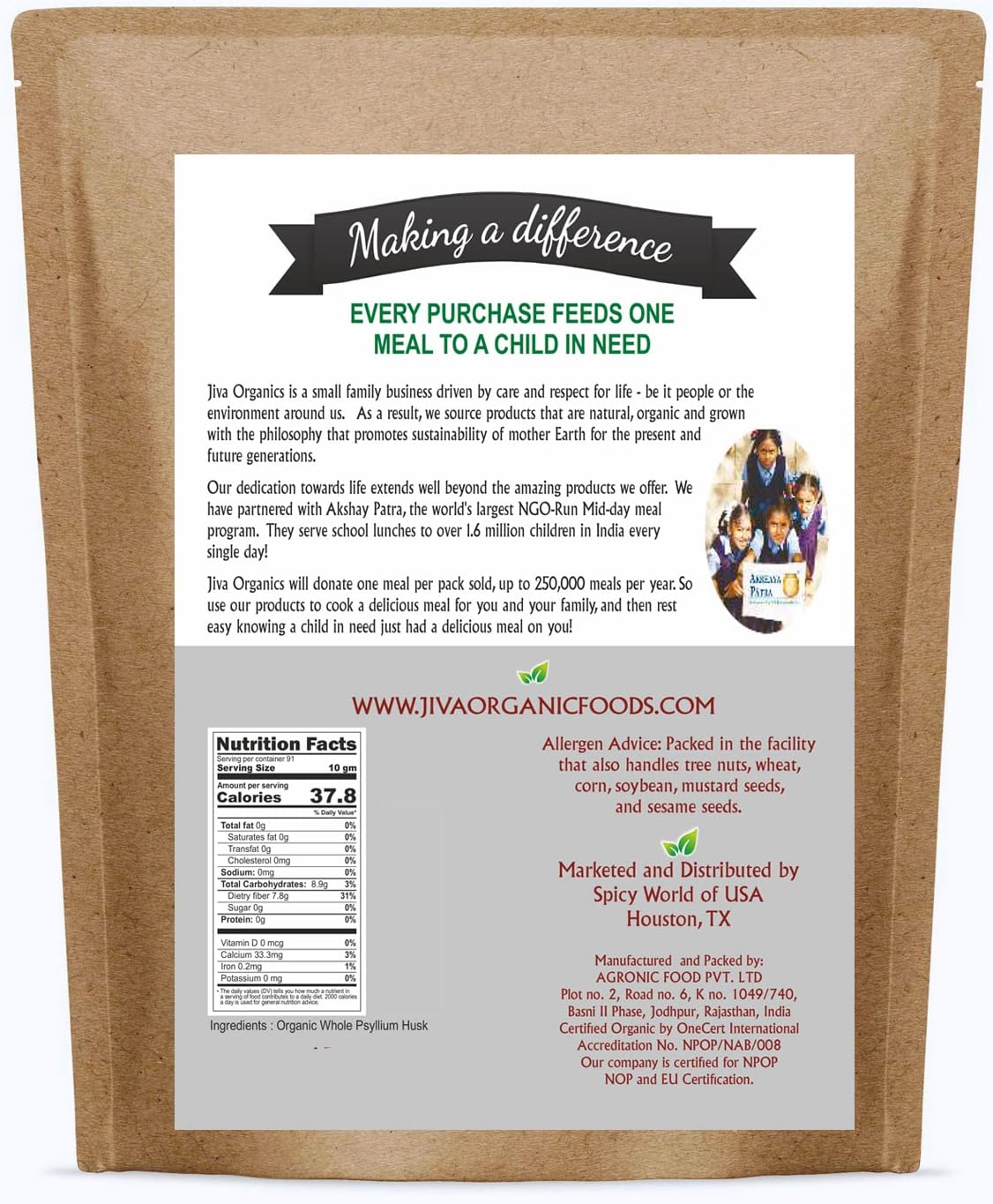 Jiva Organics Psyllium Husk 28 Oz - No GMO, Keto, Fibra Soluble