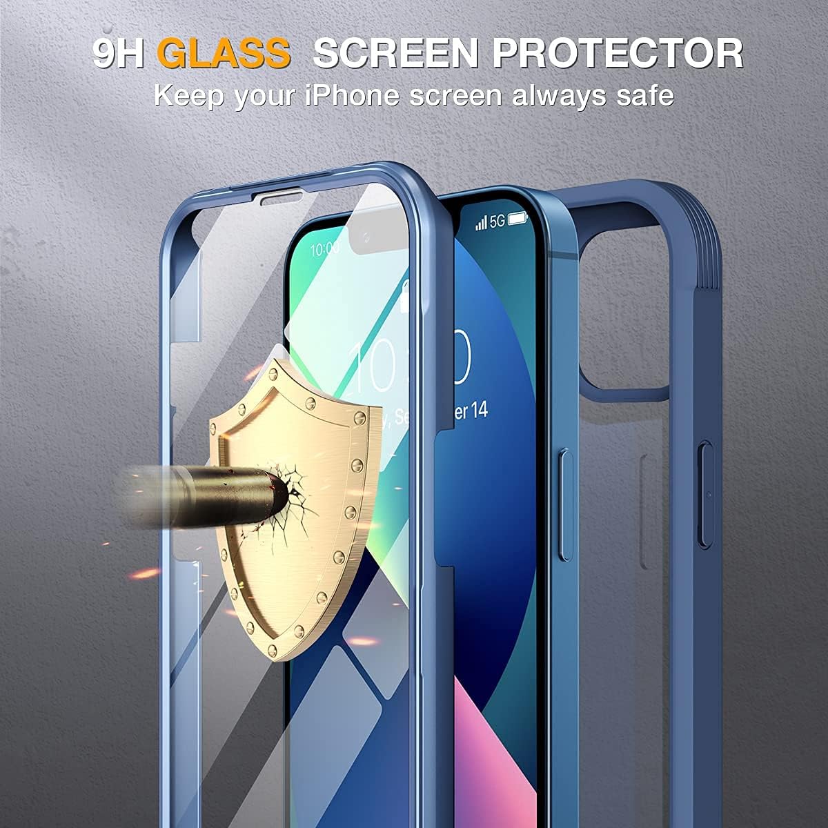 Miracase Funda compatible con iPhone 13 de 6.1 pulgadas, 2021 carcasa transparente de cristal de cuerpo completo con protector de pantalla de cristal templado 9H incorporado para iPhone 13, azul oscuro