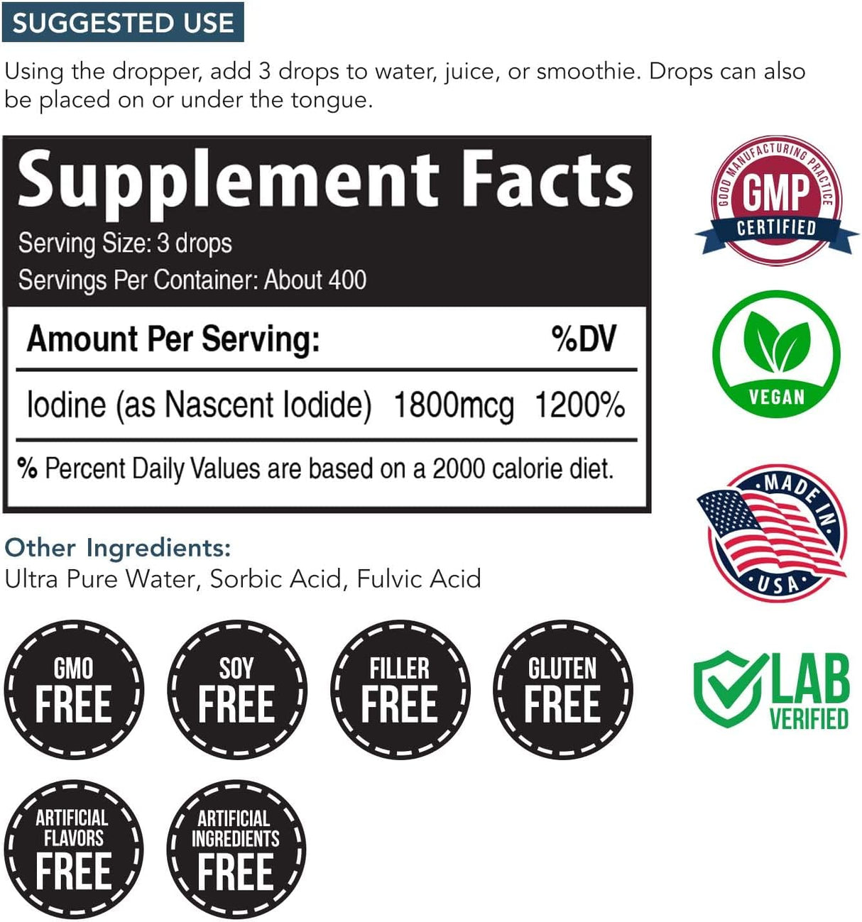 Suplemento de yodo 400 porciones vegana 1800 mcg 59ml