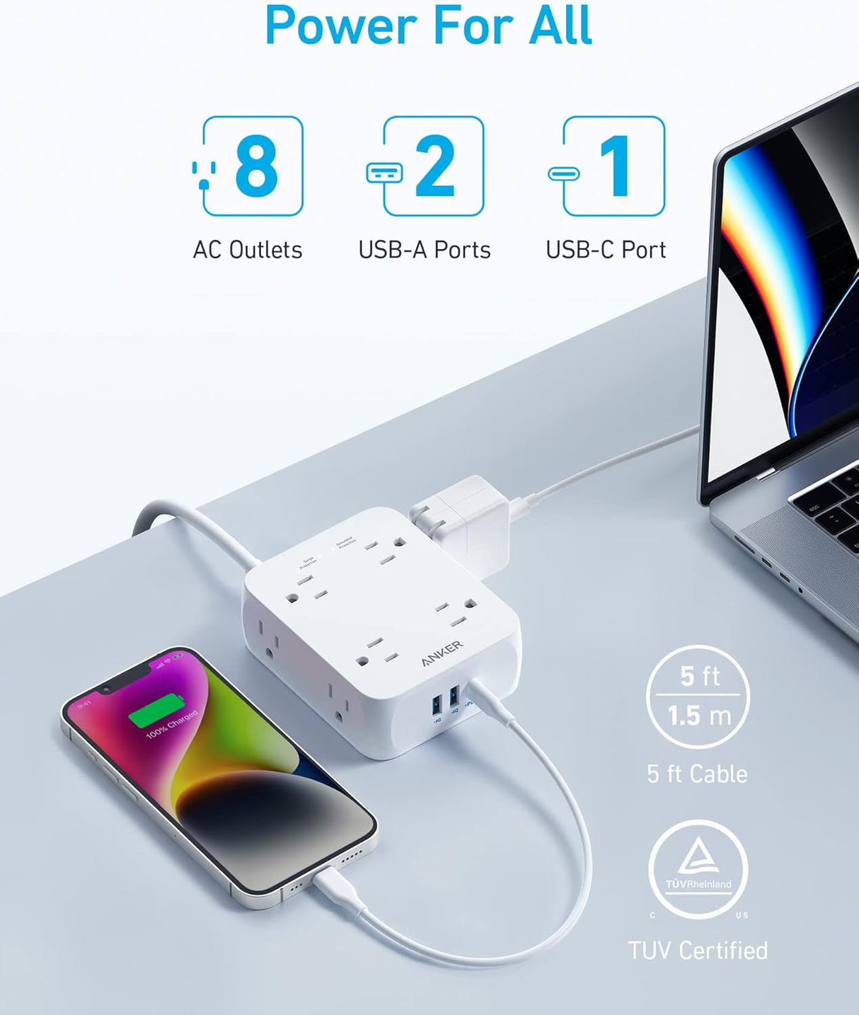 Anker Regleta de alimentación con puertos USB, 5 pies, protector