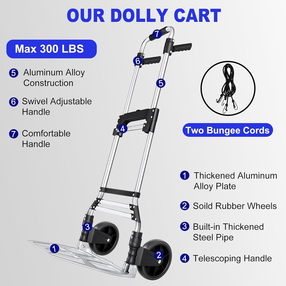 Carretilla Plegable de Aluminio, Carga 300 lbs, con Cordón Bungee