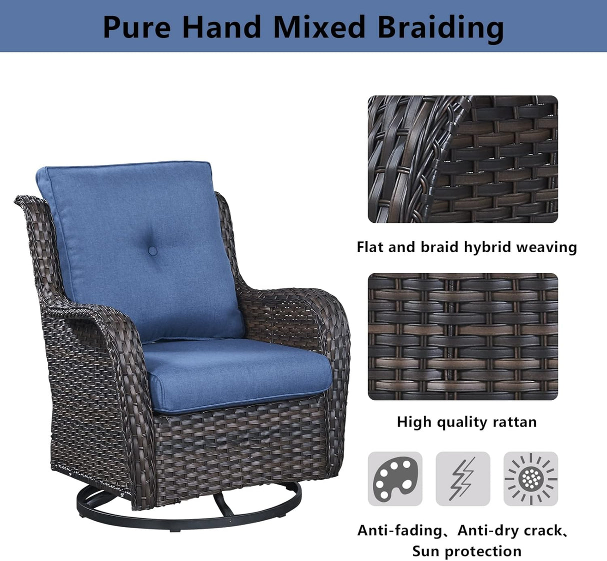 Belord Juego de muebles de patio al aire libre de 5 piezas, muebles de mimbre para conversación, sillas mecedoras giratorias para exteriores con sofá de 3 plazas y 2 otomanas para espacios pequeños, cojín azul