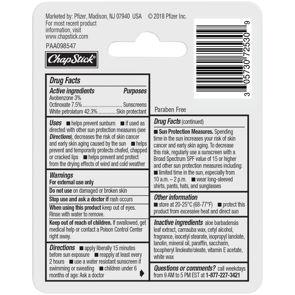 Bálsamo Labial ChapStick Original, Hidratante, SPF 15, 0.15 Oz