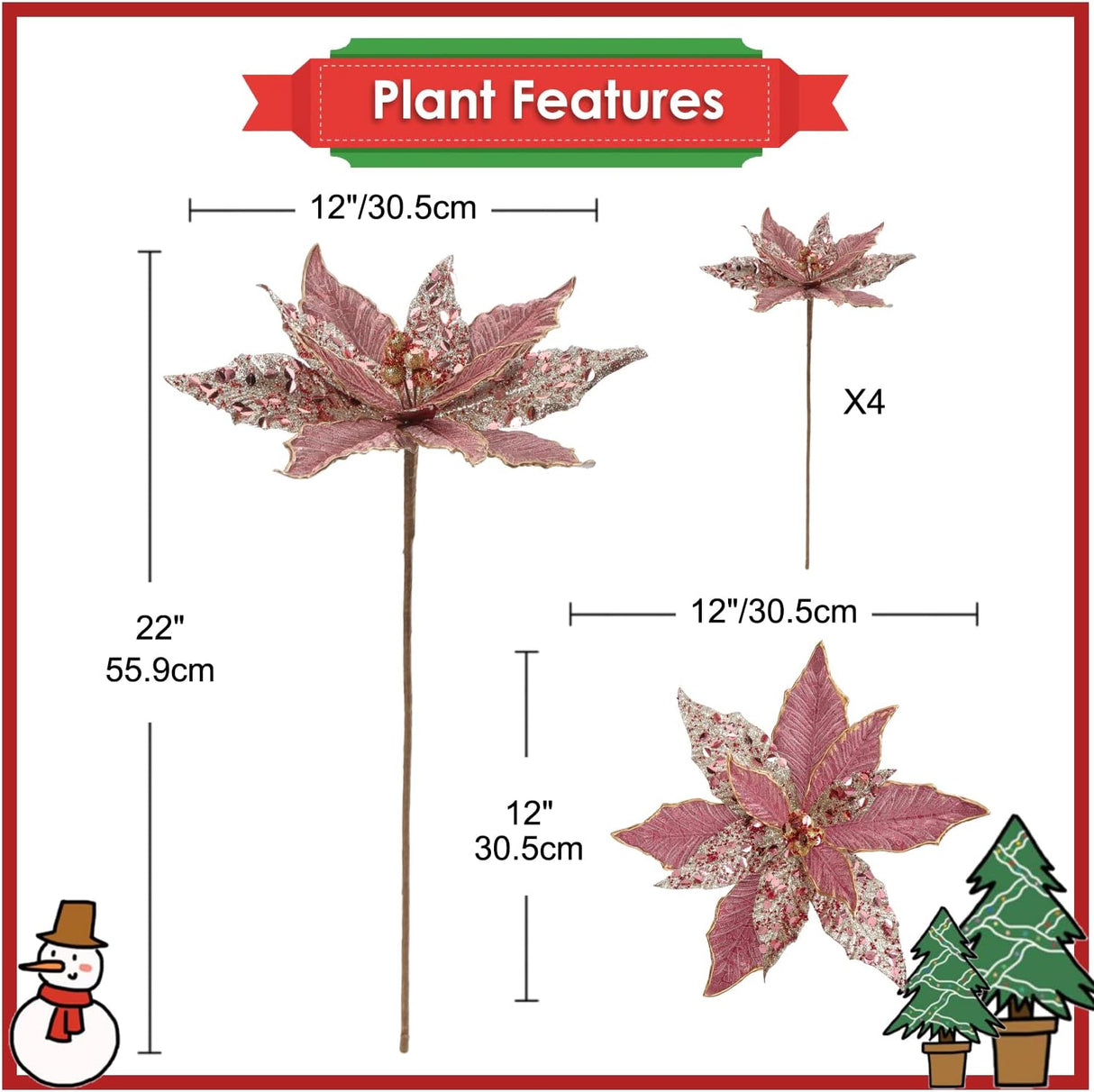 Flores Poinsettia Briful 12'' Artificiales para Decoraciones Navidad