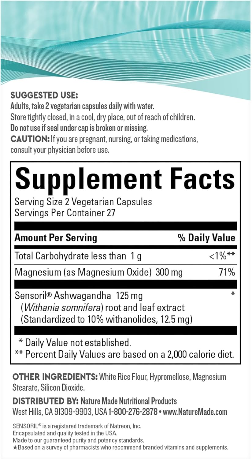 Suplemento Nature Made Ashwagandha 125 mg magnesio 54 cáp