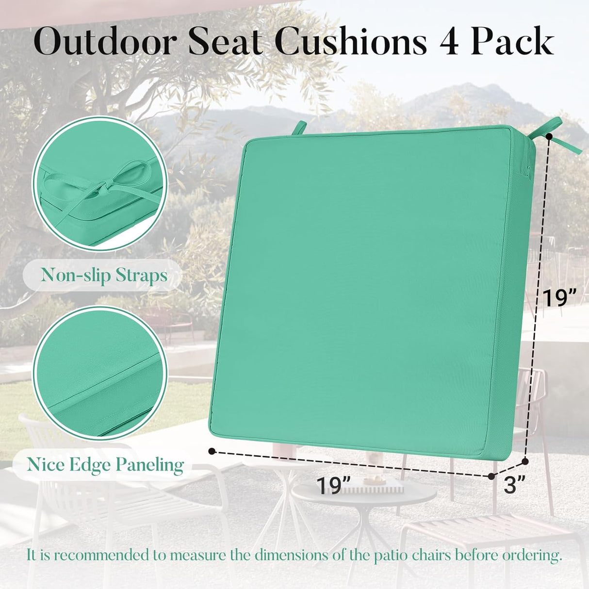 Basic Beyond Cojines para sillas de exterior para muebles de patio, impermeables, juego de 4 cojines de asiento de exterior de 19 x 19 pulgadas, cojines para sillas de patio con lazos y asa, turquesa