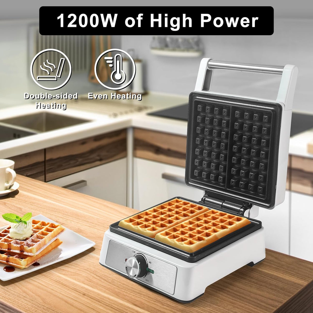 Máquina de Waffles 2 Rebanadas, Antidesbordamiento, 1200W