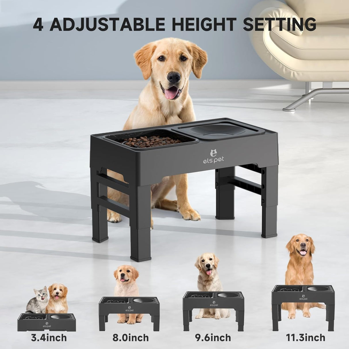 Comedero Elevado ELS para Perros, Ajustable, Acero Inoxidable