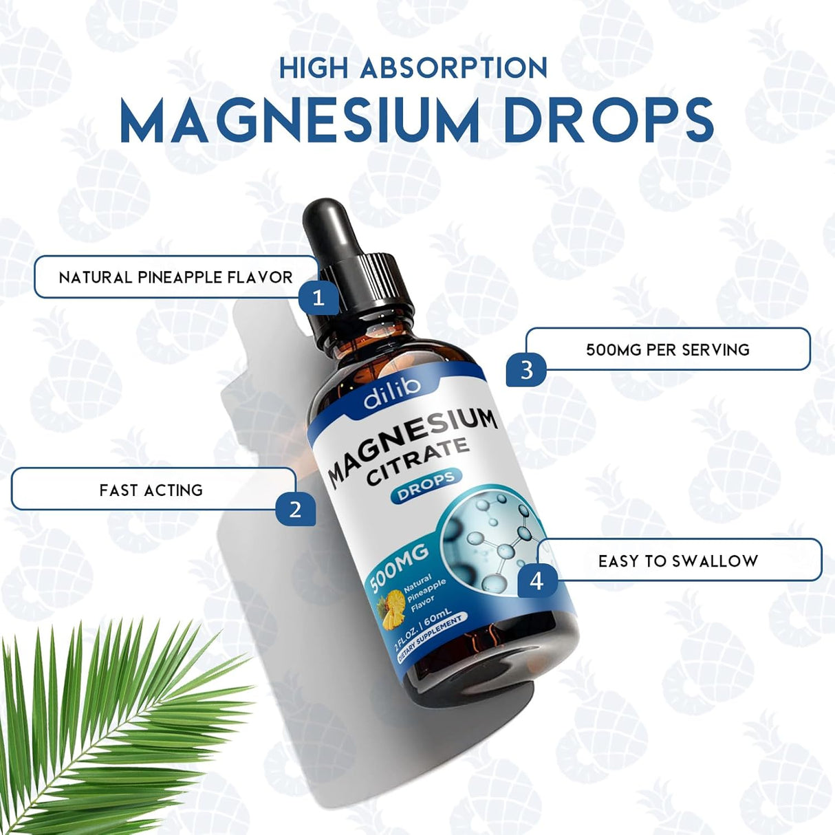 Citrato de Magnesio Líquido Vegano 500mg - Relajación, Sueño, Huesos, Músculos, Ácido Pícnico 2 oz