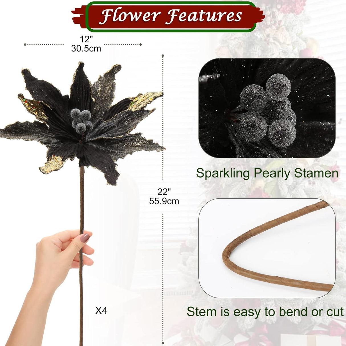 Flores Poinsettia Grandes Briful, Set de 4, 12'' Artificiales