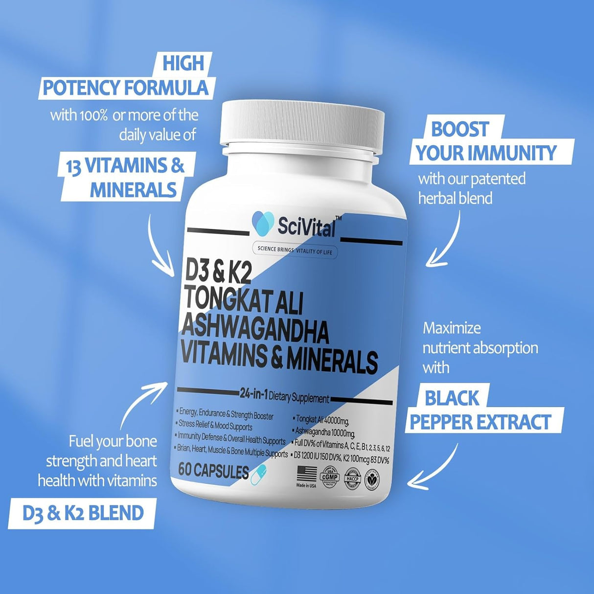 Suplemento Ashwagandha y Tongkat Ali 60 Cápsulas 10000mg