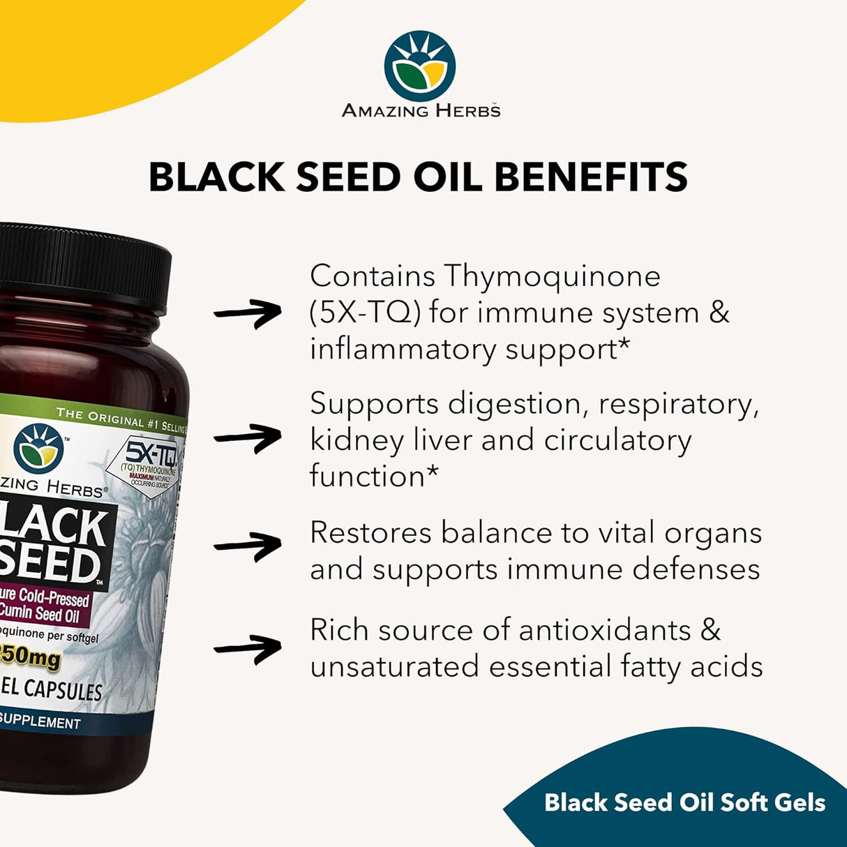 Cápsulas de Aceite de Semilla Negra Amazing Herbs 1250mg 60ct