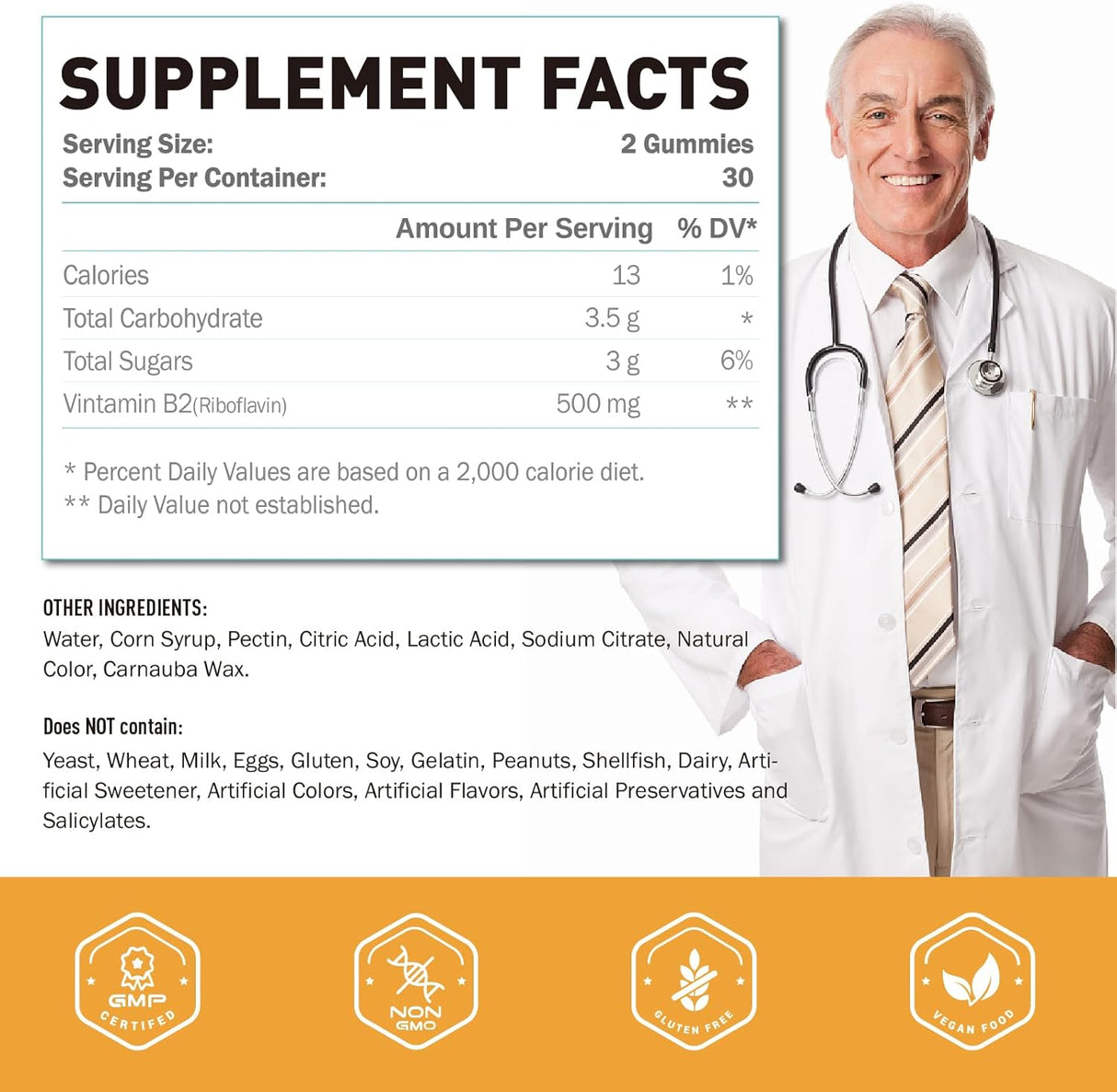 Suplemento Gomitas de vitamina B2 Riboflavina de 500 mg 60u