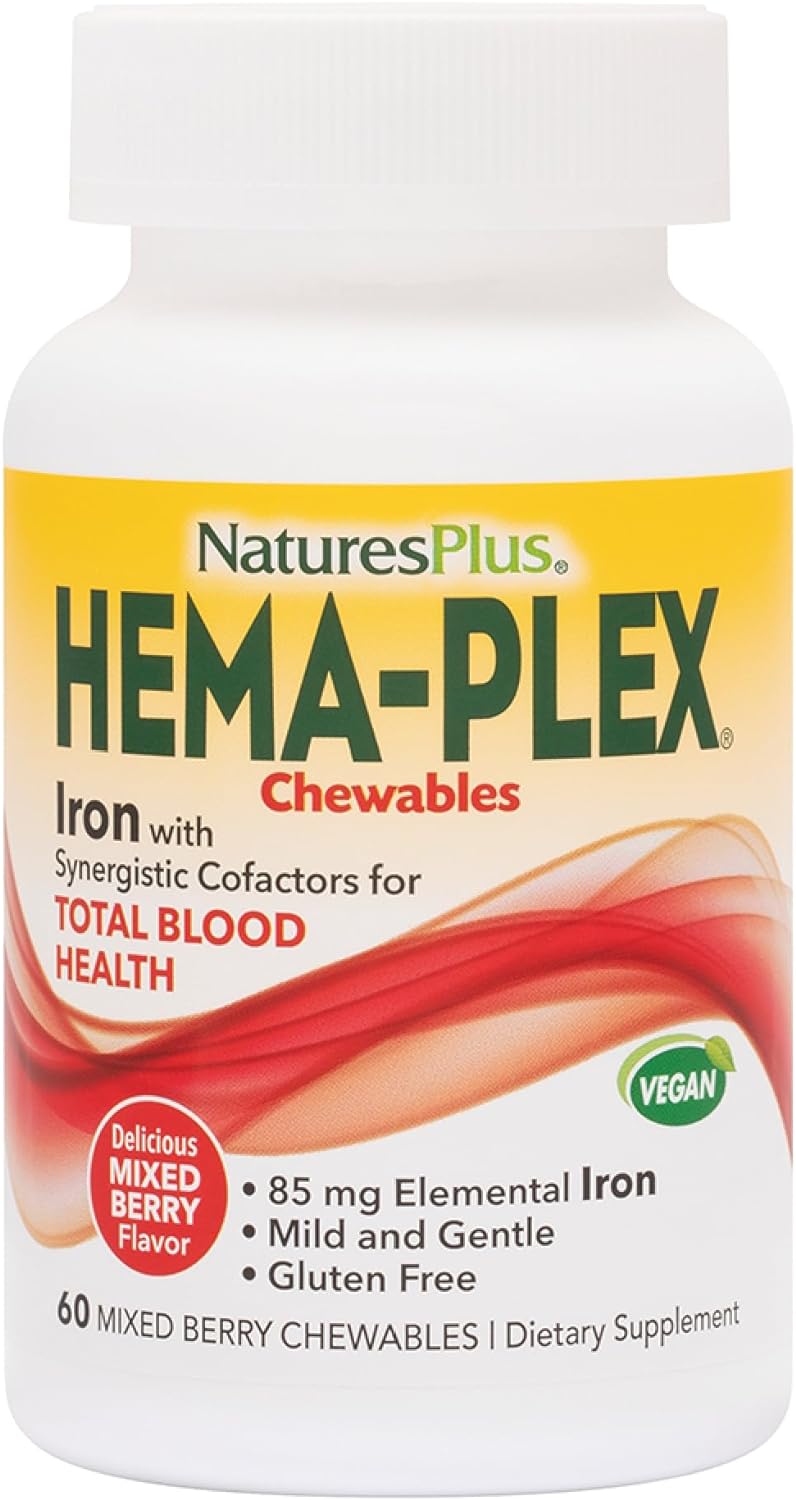 NaturesPlus Hema-Plex Iron - 60 masticables de bayas mixtas - 85 mg de hierro elemental - Salud total de la sangre - con vitamina C y bioflavonoides - Vegano, sin gluten - 20 porciones