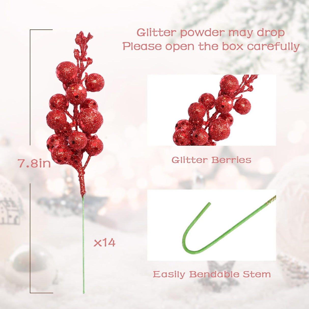 14 Pcs Ramas Artificiales con Brillo - Decoración Navidad 2024