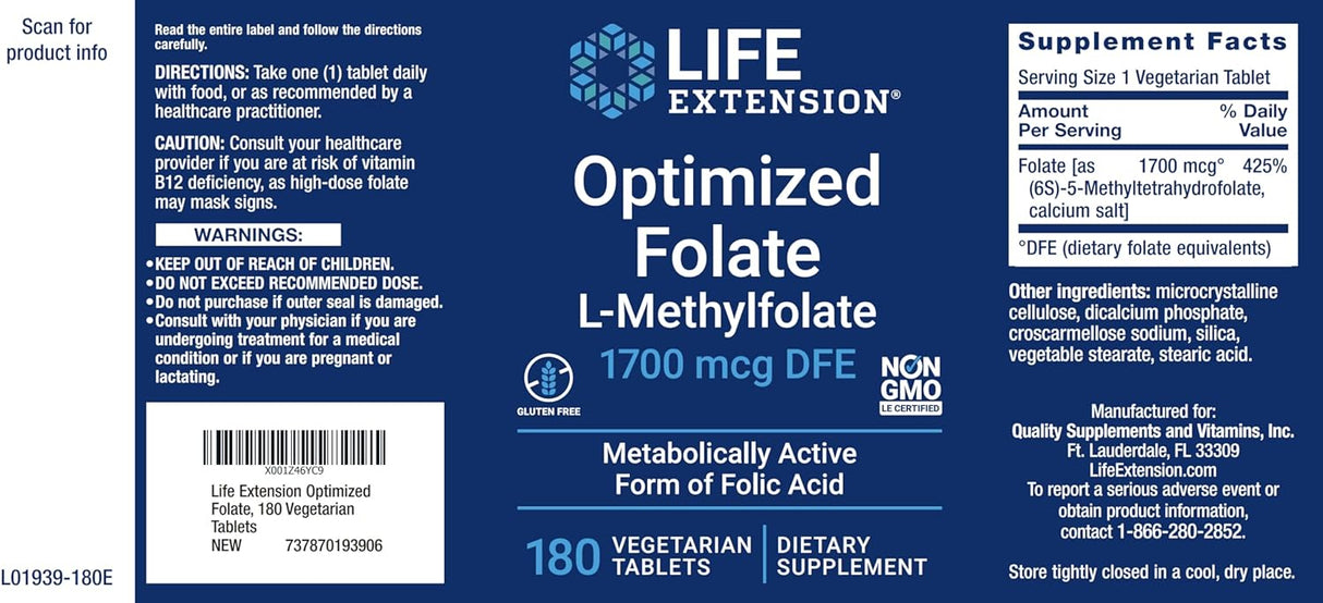 Suplemento Life Extension Folato optimizado (L-metilfolato)