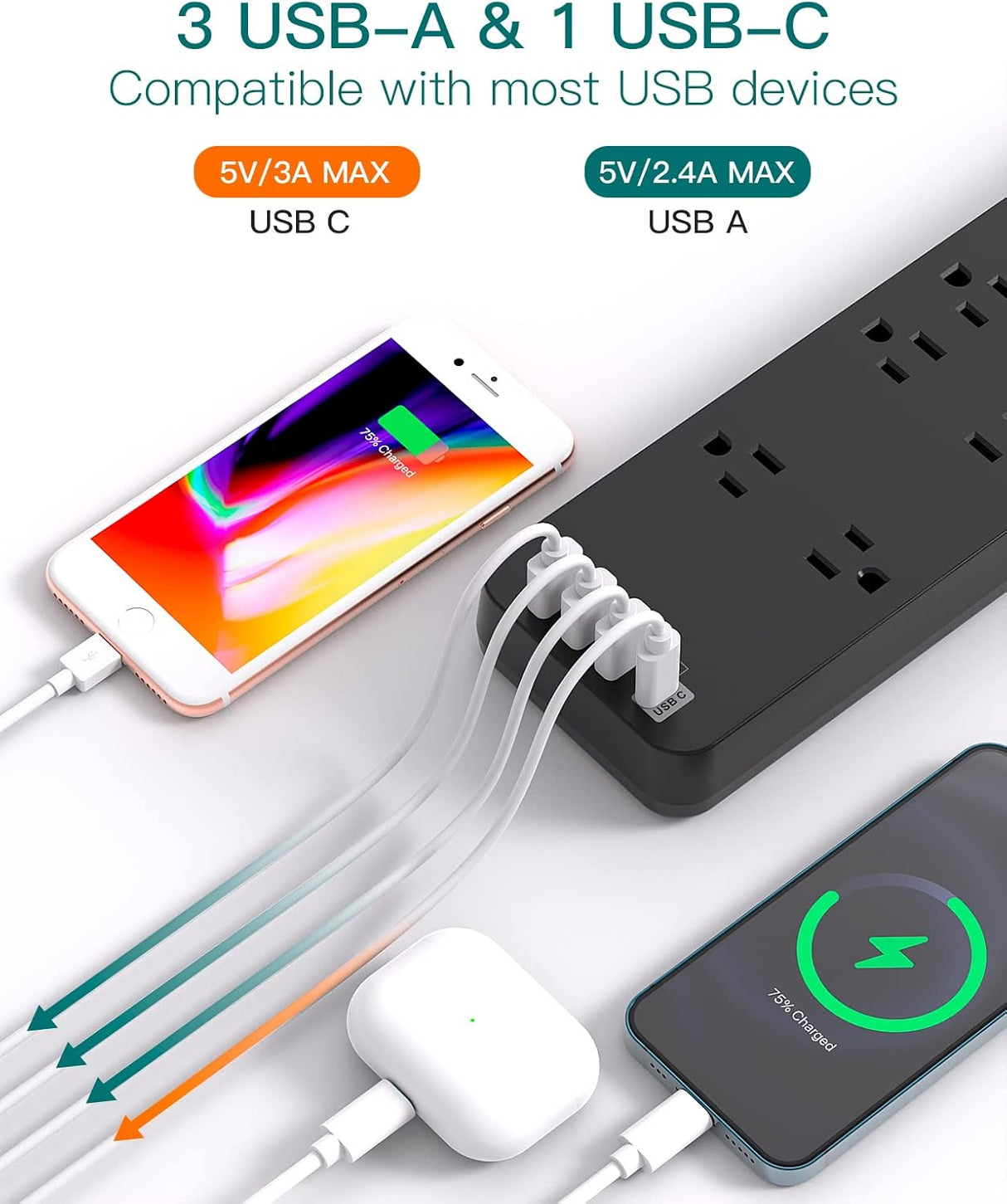 Addtam - Protector de sobretensiones con 10 salidas y 4 USB