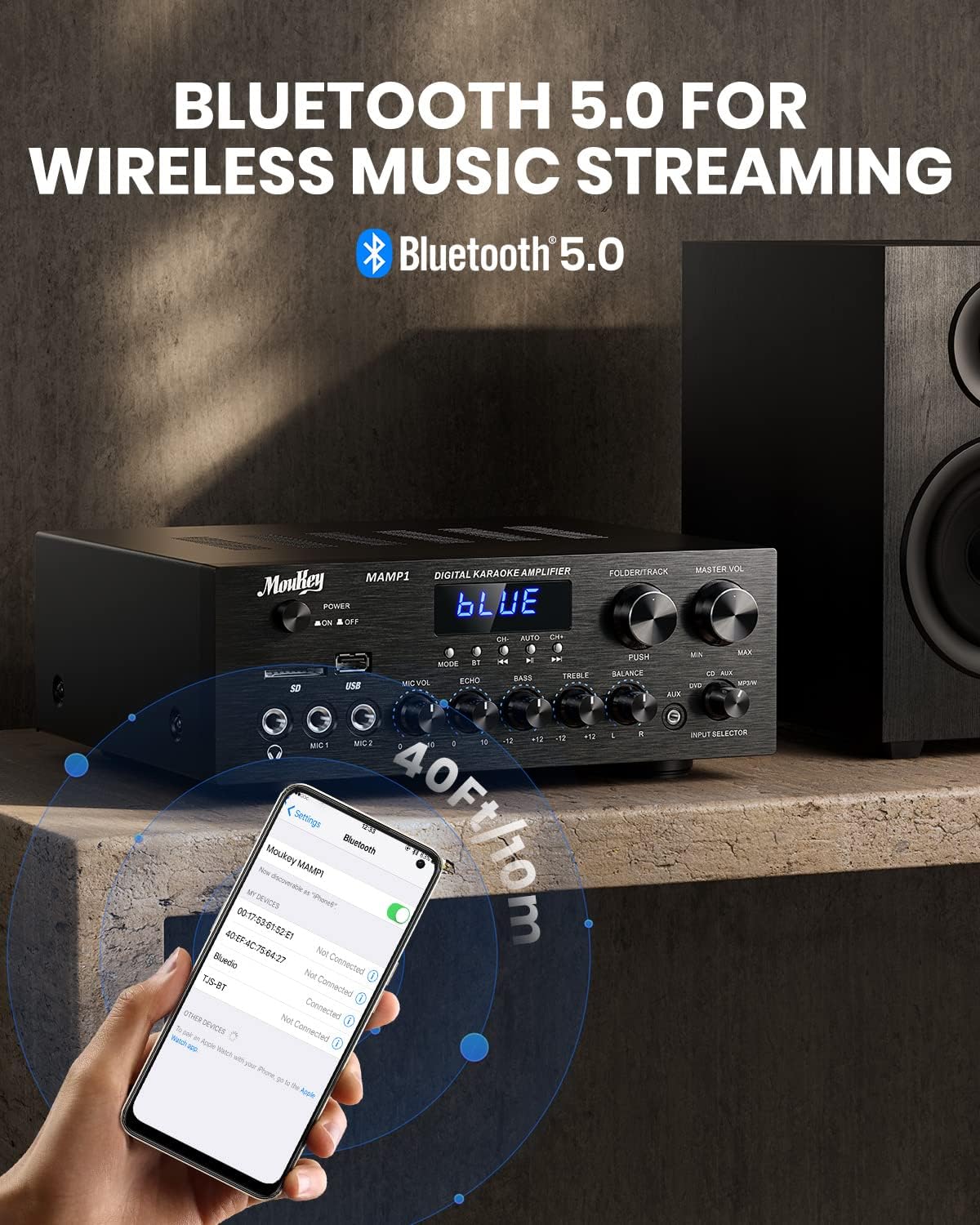 Amplificador Estéreo Bluetooth 5.0 400W con USB y MIC - MAMP1