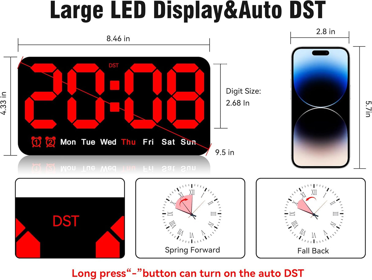 Reloj Digital Grande con Alarma, Doble Alarma y Brillo Ajustable