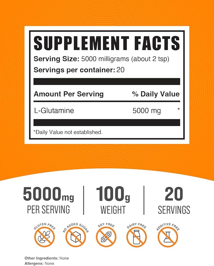 L-Glutamina en polvo BulkSupplements, 5000mg, 100g, sin sabor
