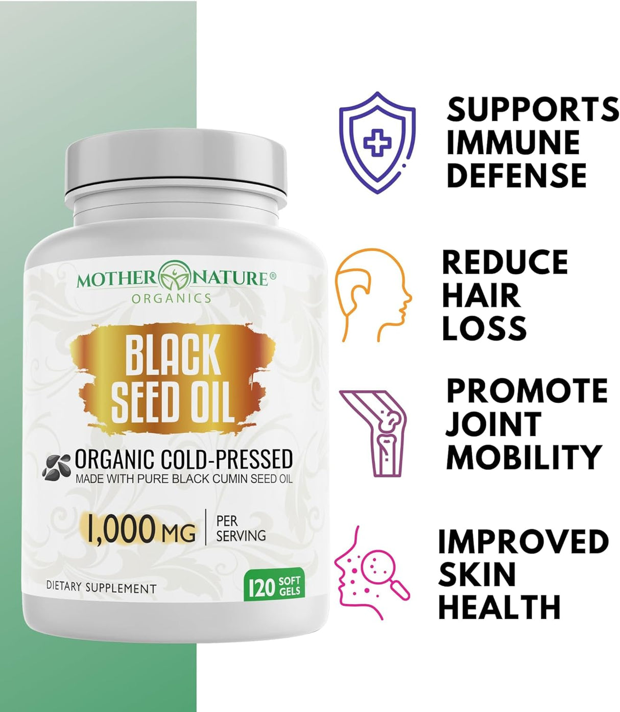 Cápsulas de Aceite de Semilla Negra, Orgánico, 1000mg, 120ct