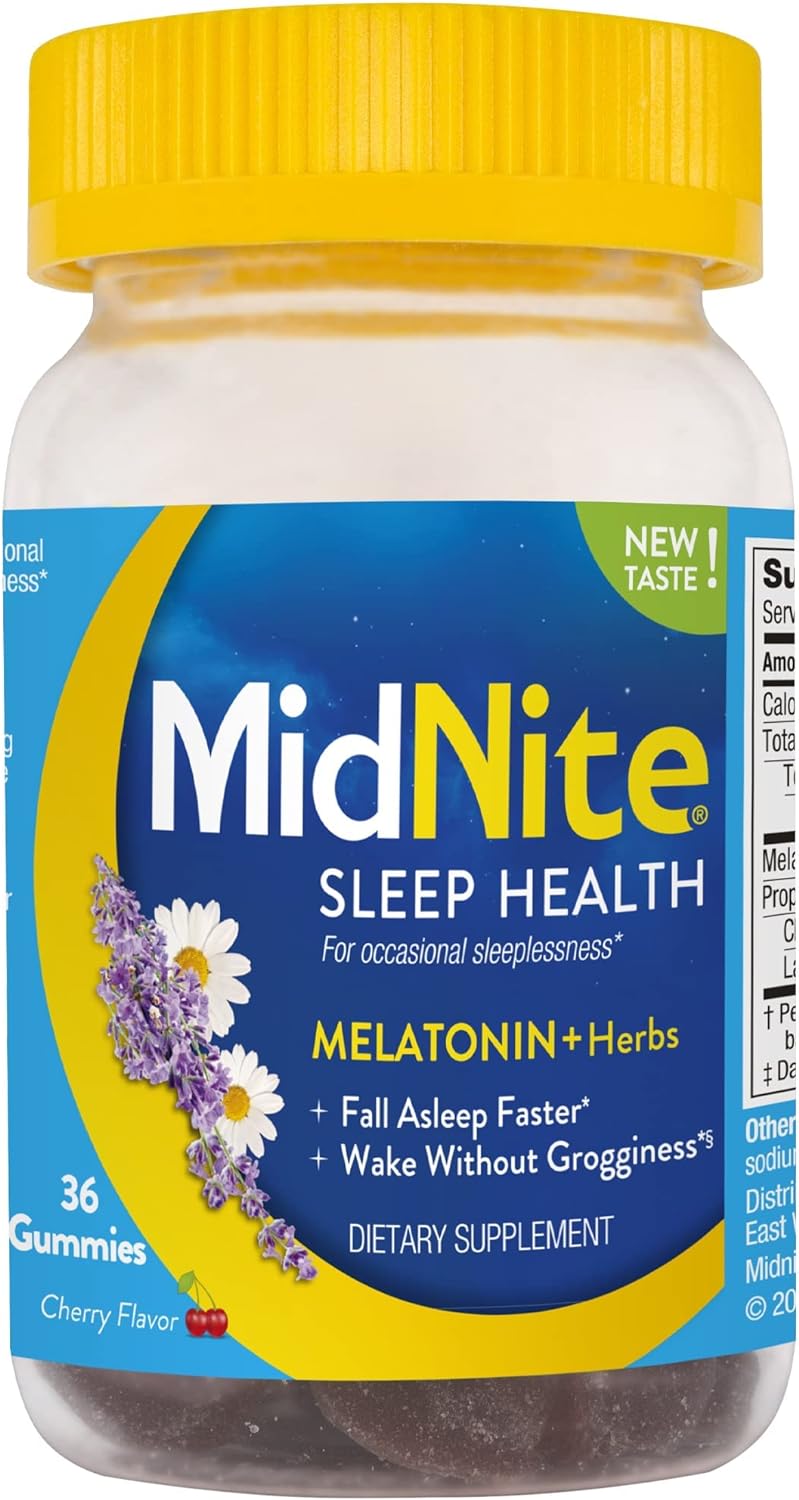 MidNite Gomitas de ayuda para dormir sin medicamentos, 10 mg de melatonina + hierbas, 36 unidades