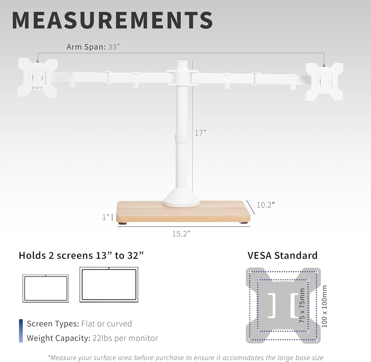 Soporte Doble de Monitor VIVO, Base de Madera, STAND-V002FD-W