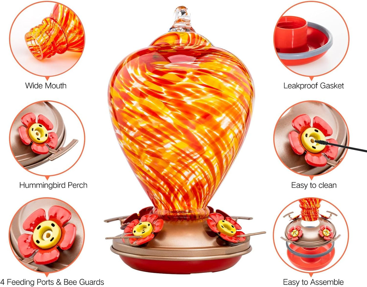 Muse Garden Comedero para colibríes para exteriores, vidrio soplado a mano, 34 onzas, foso de hormigas incluido, Daylight