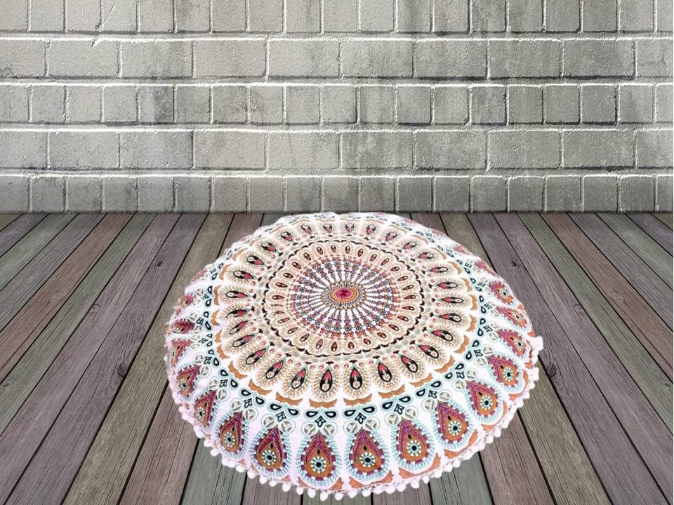 Funda bohemia para cojín, de 32 pulgadas, con diseño de mandala, para meditación, decorativa, otomana, grande, para exteriores, decoración del hogar, decoración de arte en el hogar, redonda, con pompones de algodón, cómoda