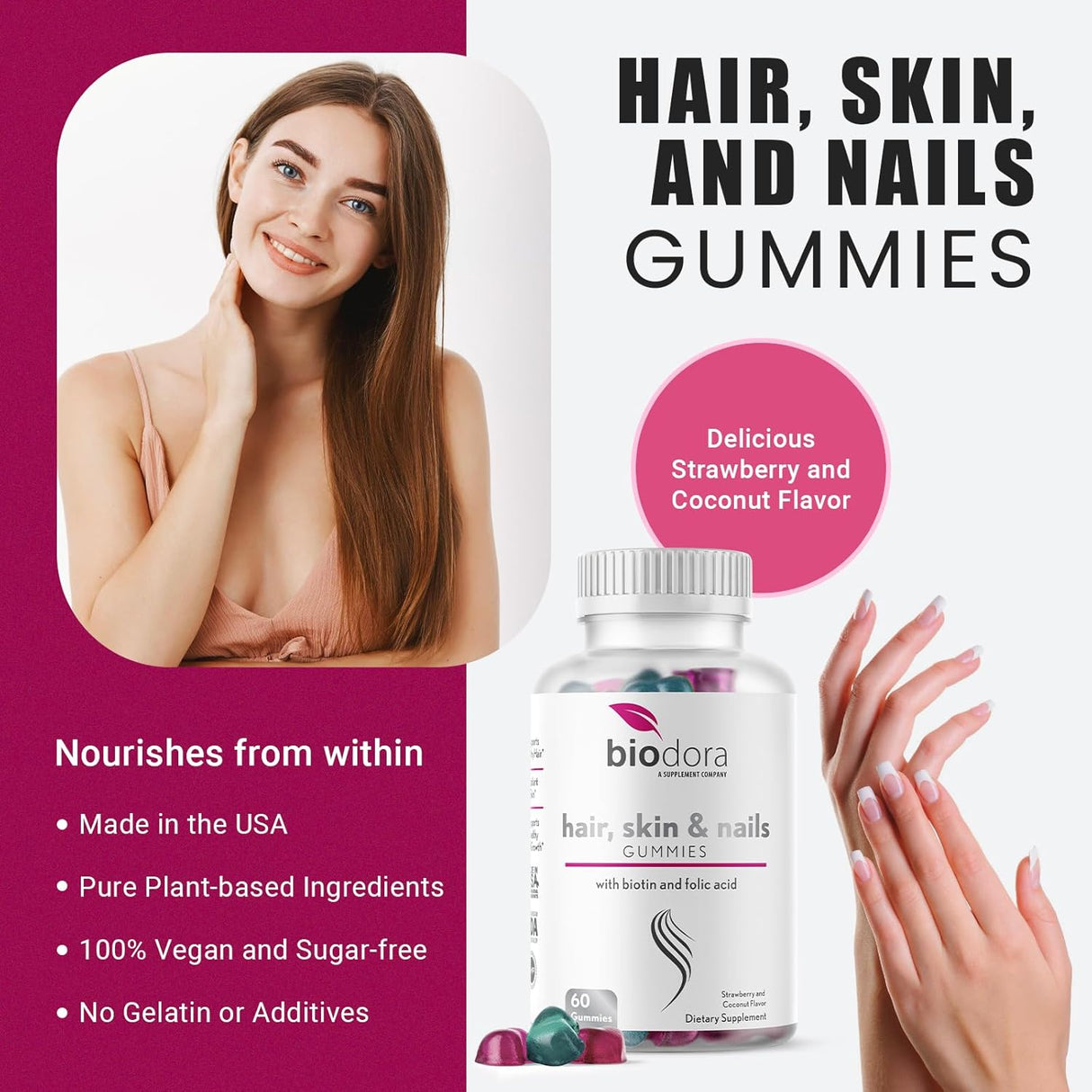 Gummies de cabello, piel y uñas, biotina extra, 60 unidades