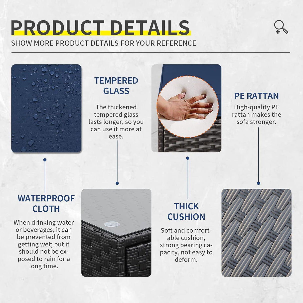 Lviden Juego de muebles de mimbre PE para exteriores, 7 piezas, juego de sofá de conversación seccional de ratán para patio, con cojines azul marino y mesa superior de vidrio