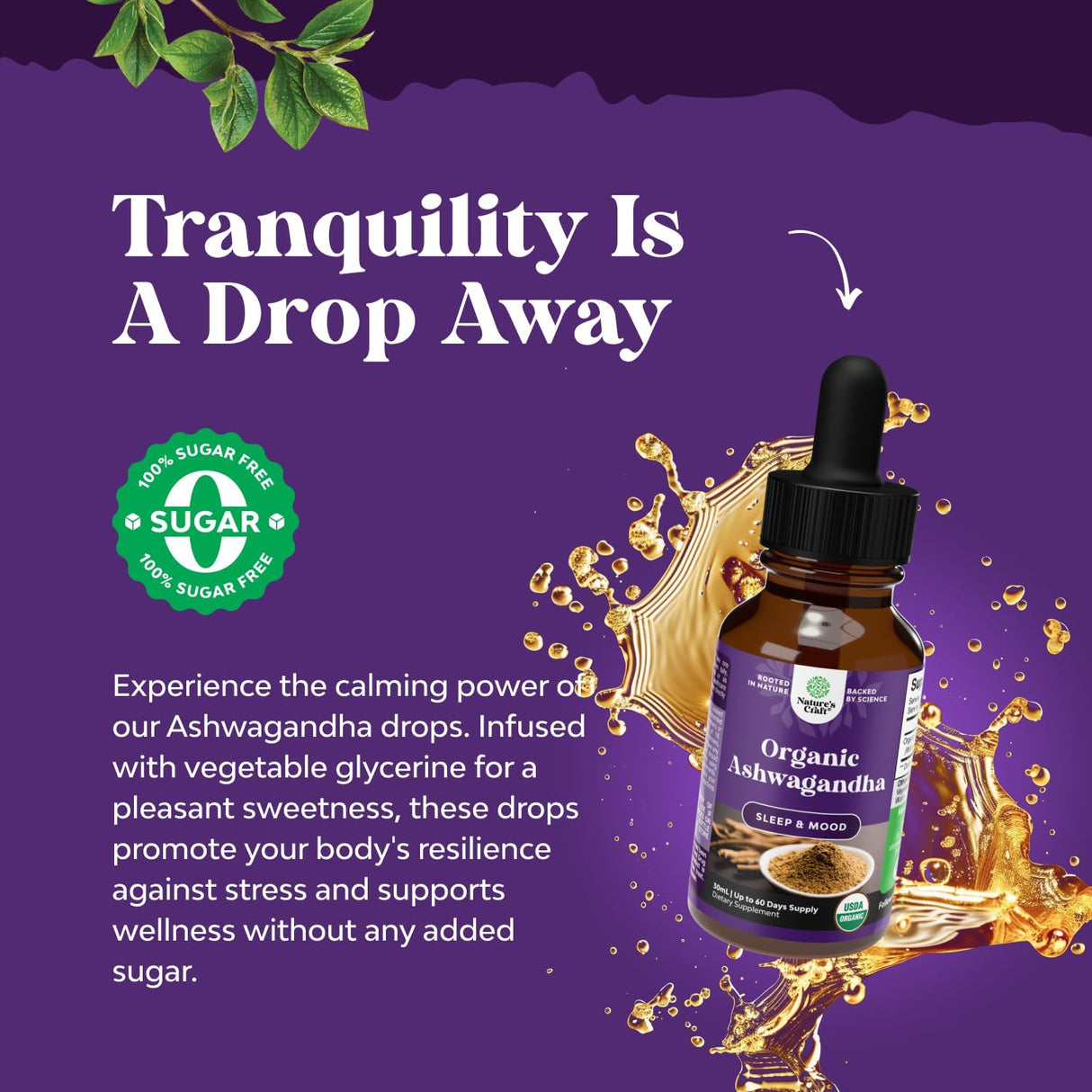 Gotas de Ashwagandha Orgánica USDA - Adaptógeno Sin Azúcar 2 Pck