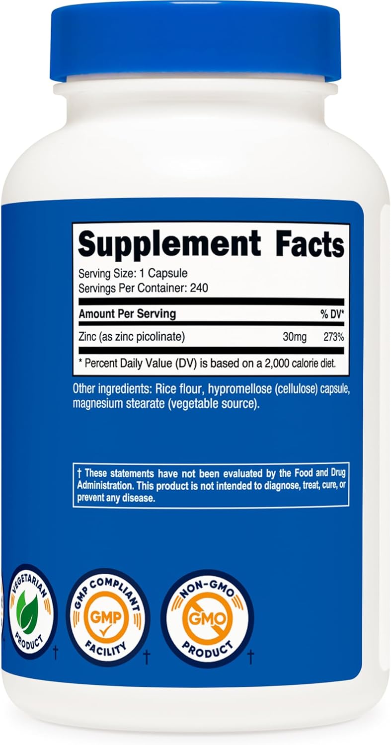 Zinc Picolinate Nutricost 30mg 240 Cápsulas Sin Gluten