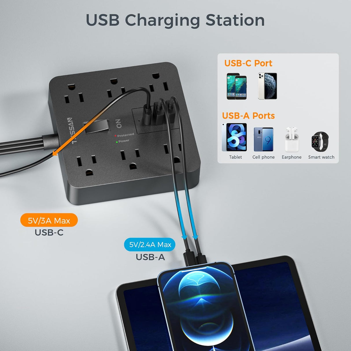 TESSAN – Regleta de alimentación con USB, cable de extensión con 6 salidas ampliamente espaciadas