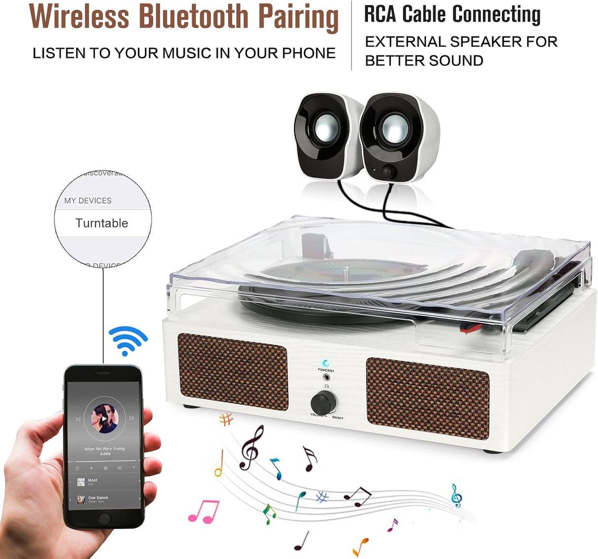 Reproductor de Vinilo Portátil con Bluetooth, Altavoces Integrados