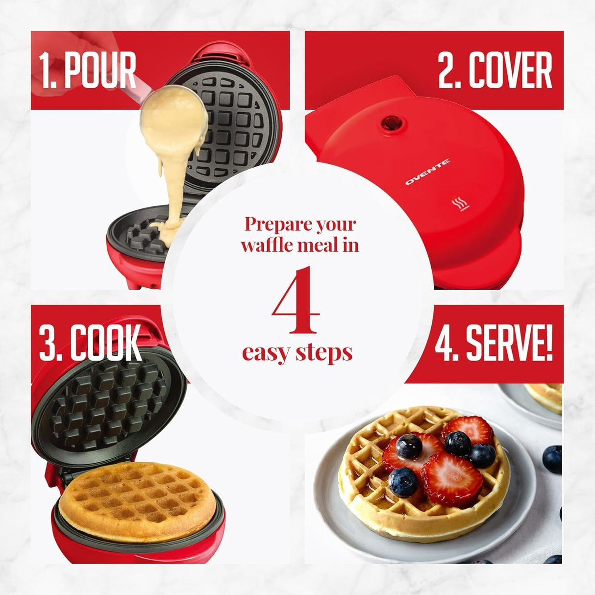 Mini Waffle Maker OVENTE 550W Antiadherente WM215R