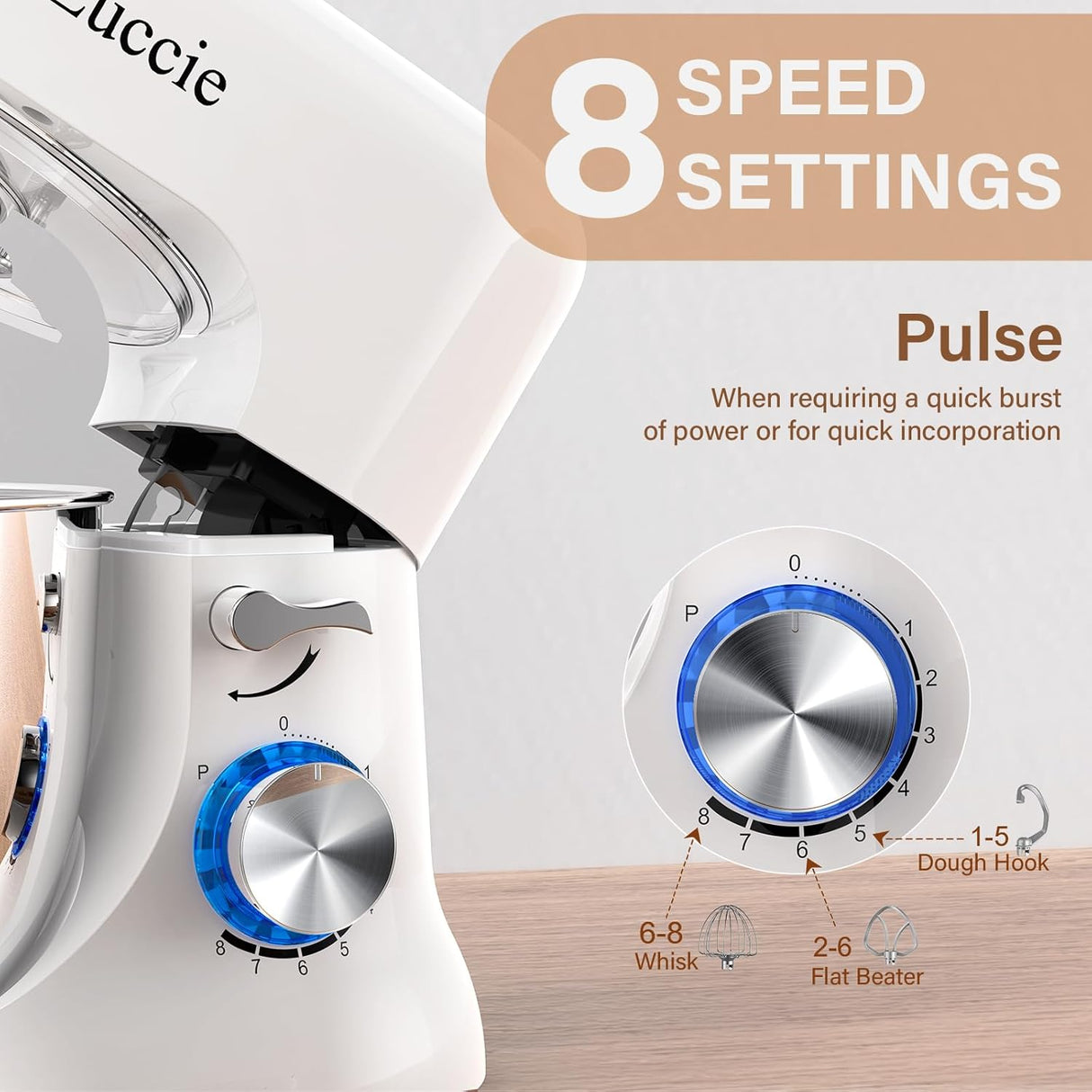 Batidora de pie, Zuccie 4.8QT, 380W, 8+P velocidades, modelo