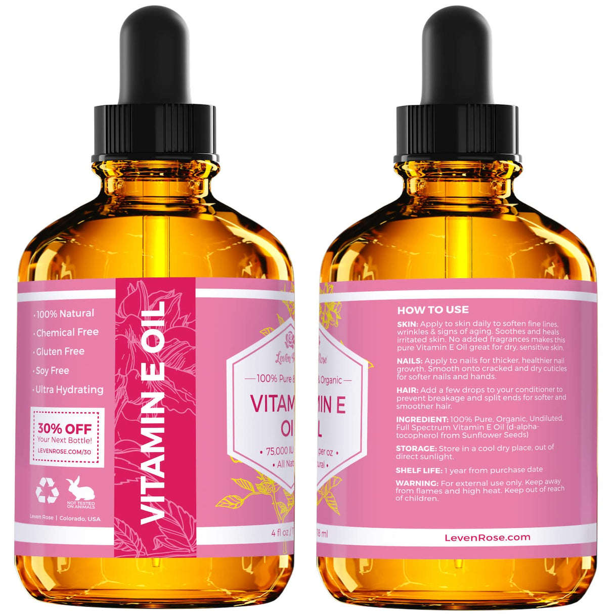 Aceite de vitamina E de Leven Rose 100% natural orgánico