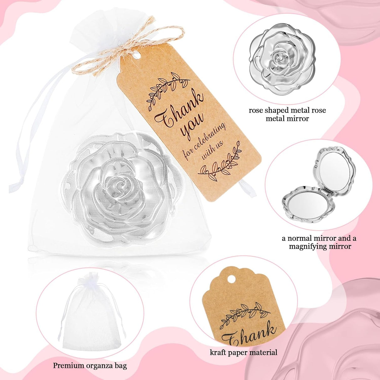 Espejos de Bolsillo Rosas para Recuerdos de Boda y Quinceañera