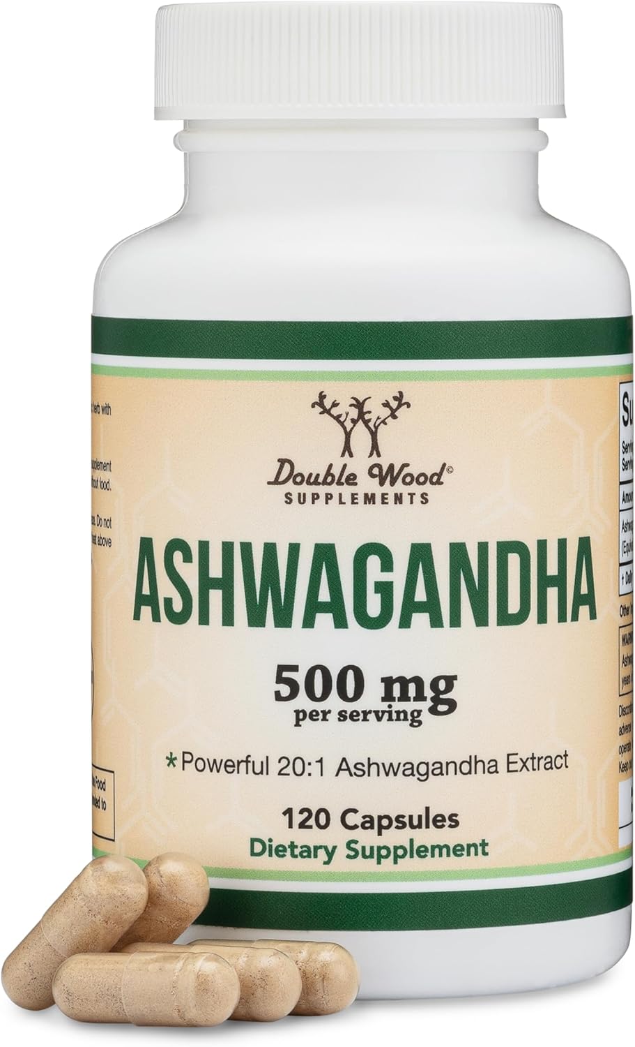 Cápsulas de Ashwagandha 500mg, Double Wood, 120 Controles