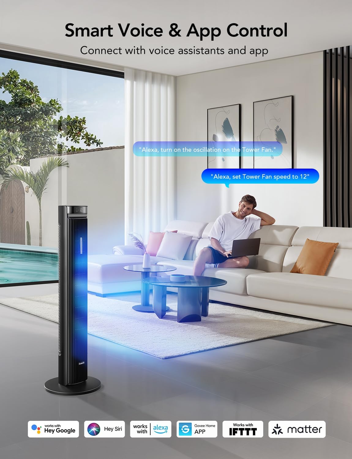 Ventilador Torre GoveeLife 42'', Oscilante, Control APP, 12 Velocidades