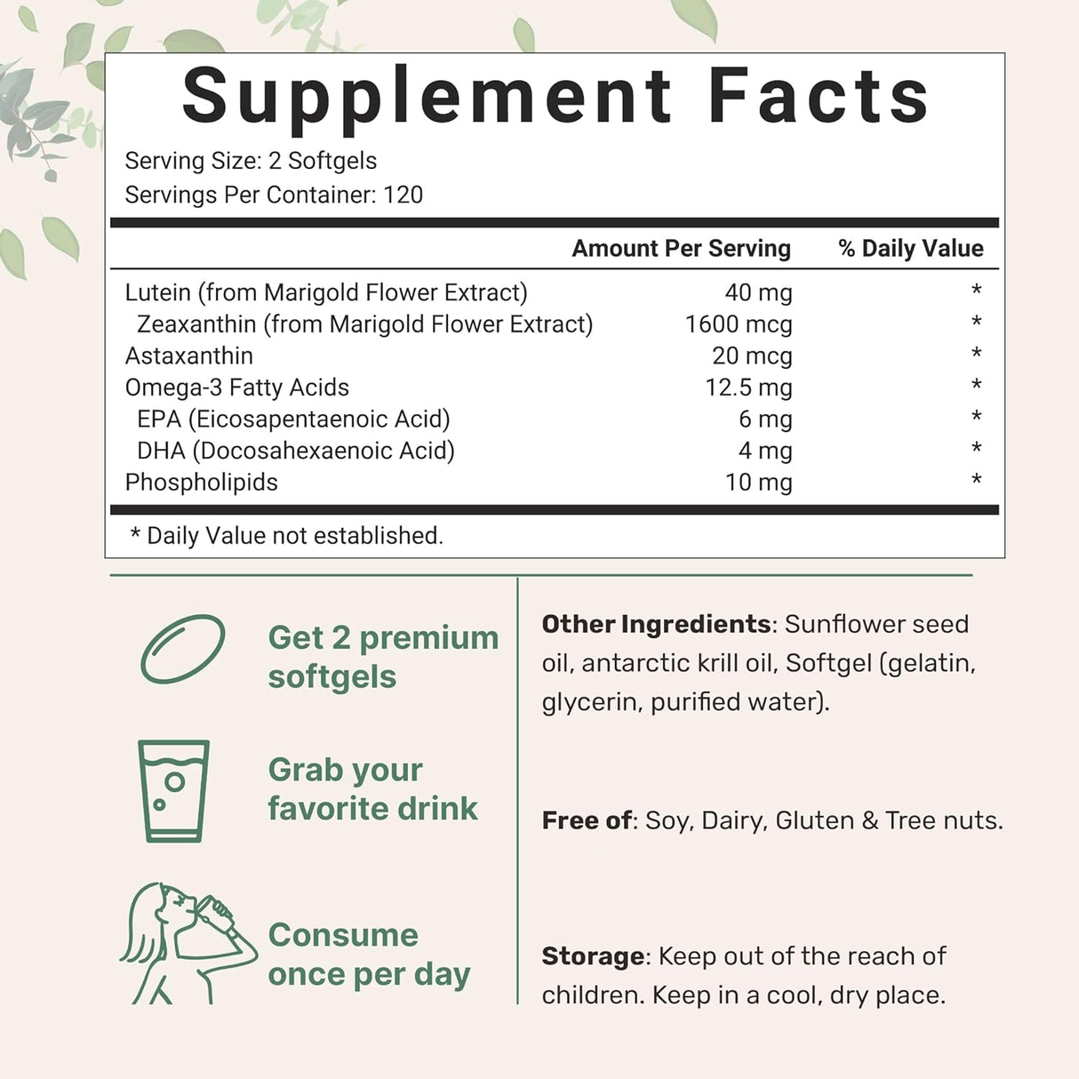 Micro Ingredients Cápsulas blandas de luteína y zeaxantina de 40 mg, 240 unidades, con astaxantina, omega-3 y fosfolípidos, vitaminas para la salud de los ojos y la visión, probadas por terceros, sin OMG, sin gluten