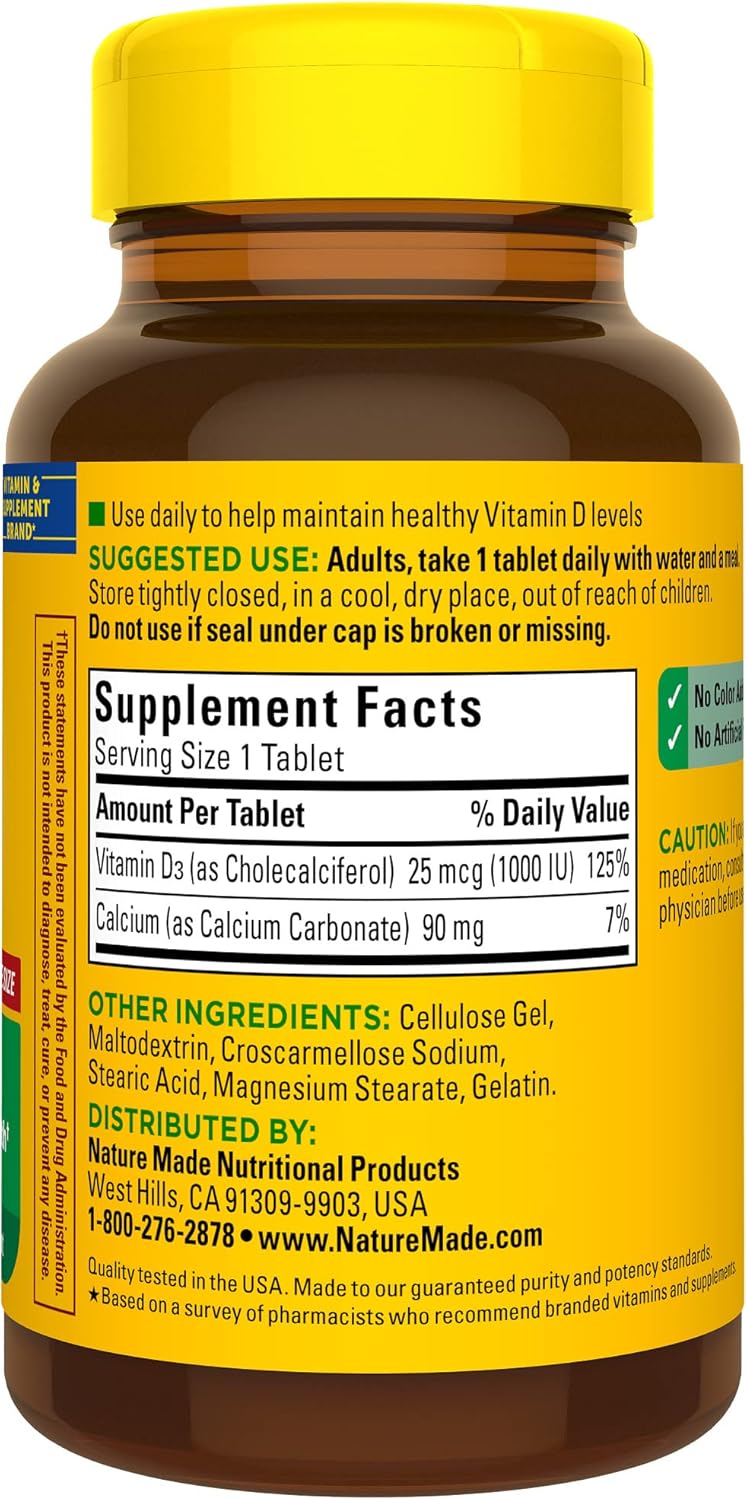 Suplemento de Vitamina D3 1000 IU Nature Made, 300 Tablets