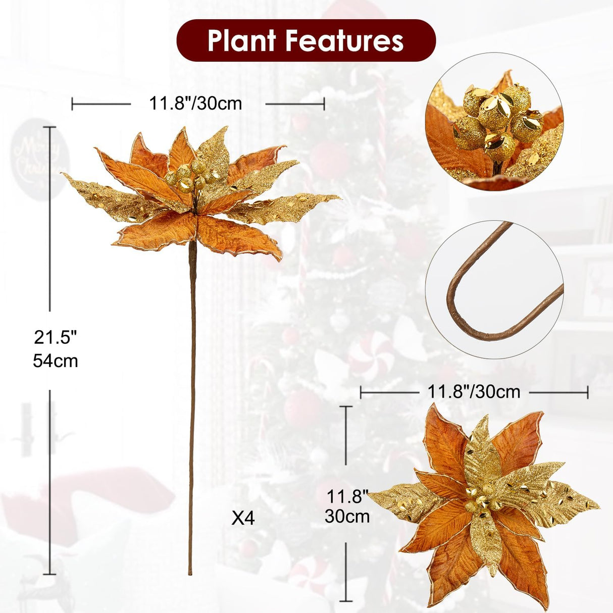 Flores de Poinsetia Artificiales, Set de 4, 12'' para Decorar