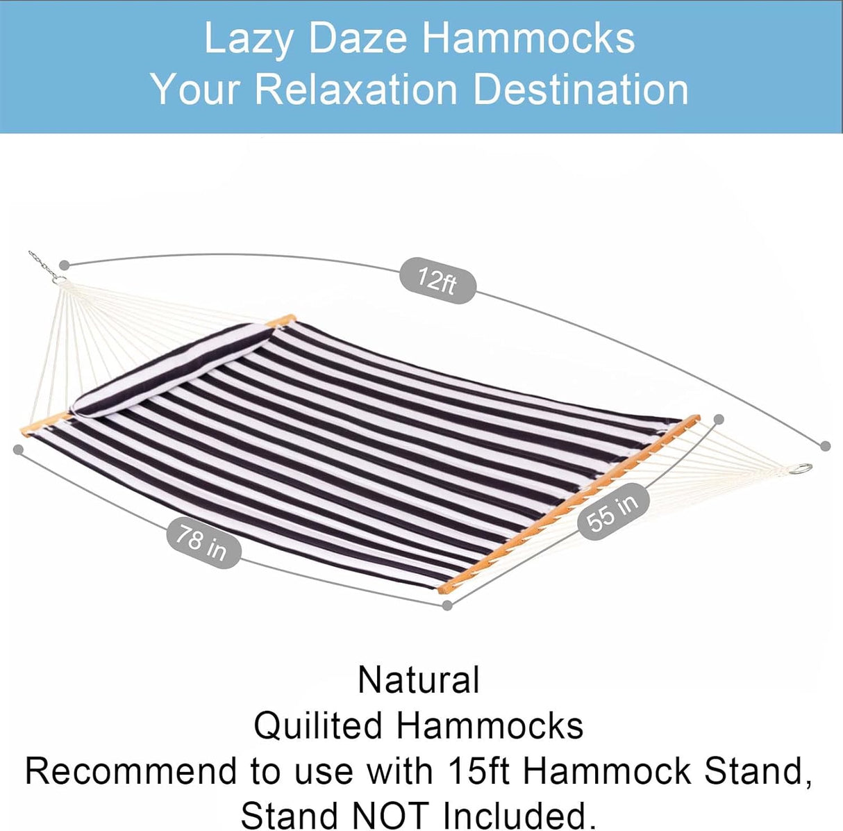 Hamaca Doble Lazy Daze 12 FT, con Baras y Almohada, 450 lbs