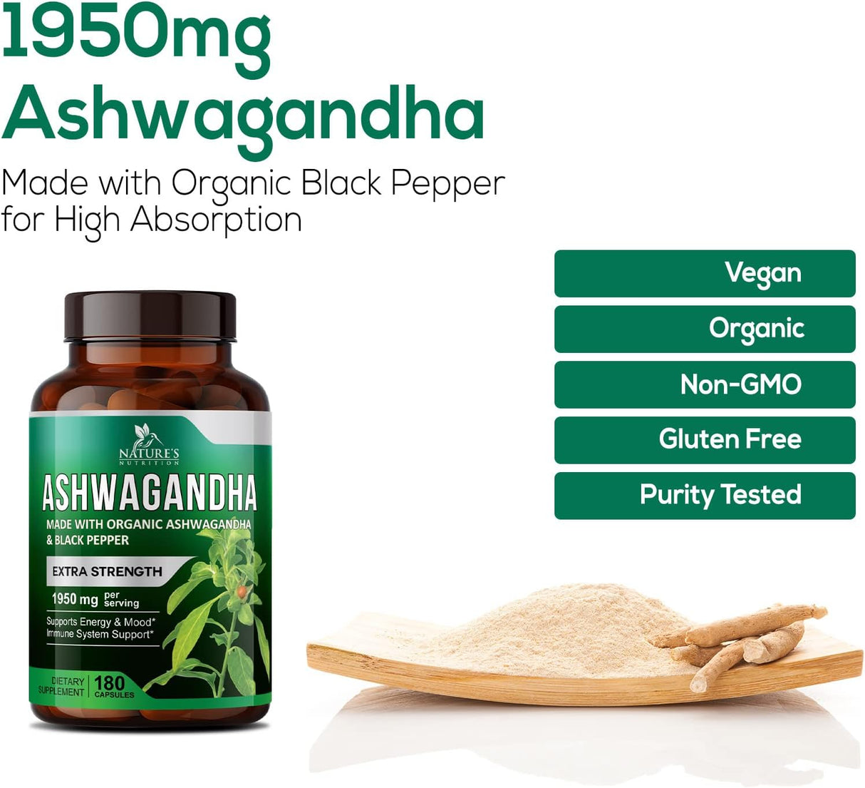 Suplemento Nature's Nutrition orgánicas de Ashwagandha Extra